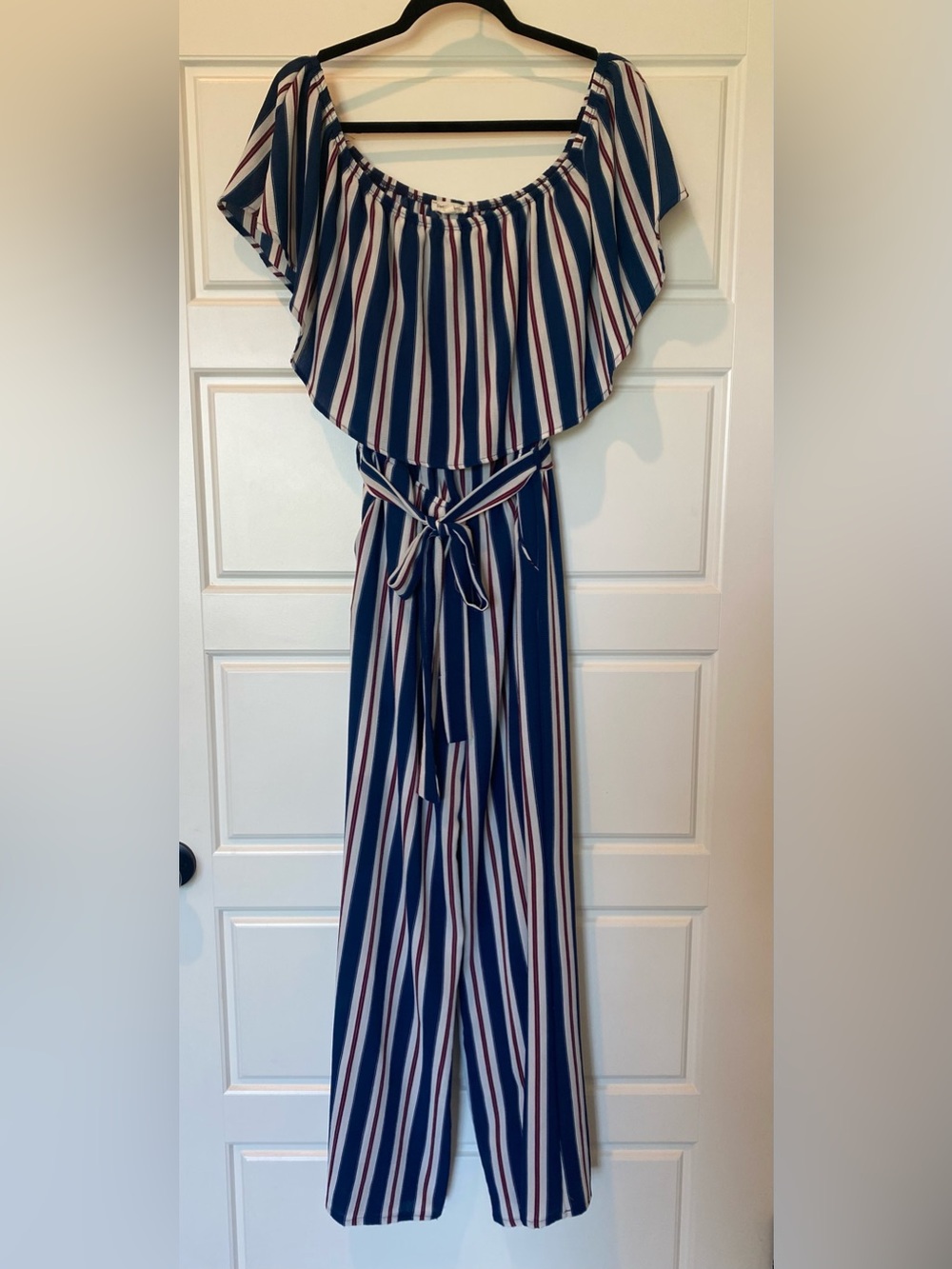 Sweet Lovely by Jen Striped  Jumpsuit in Navy Burgandy Yellow White Size Large